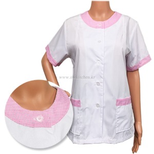 반팔 라운드위생복 (흰색 + 핑크 체크 라운드)/조리복/위생까운